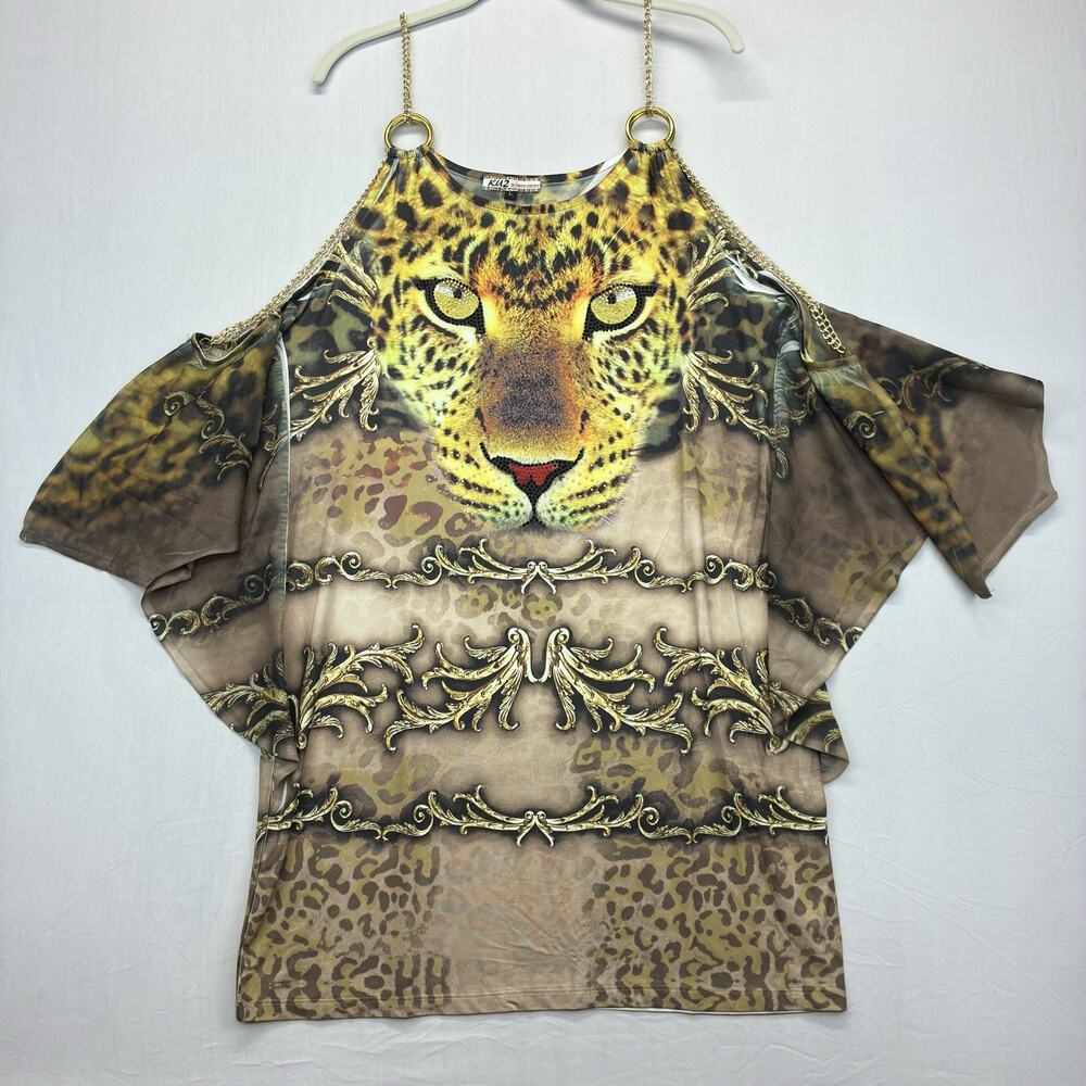 KU2 Kokomo Womens L Leopard Face Cold Shoulder Chain Animal Print Top